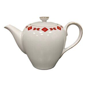 Vintage Meito White Porcelain Red Aztec Boho Design Tea Pot Japan